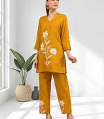 Women's cotton, linen mustard embroidered short kurta with pant
