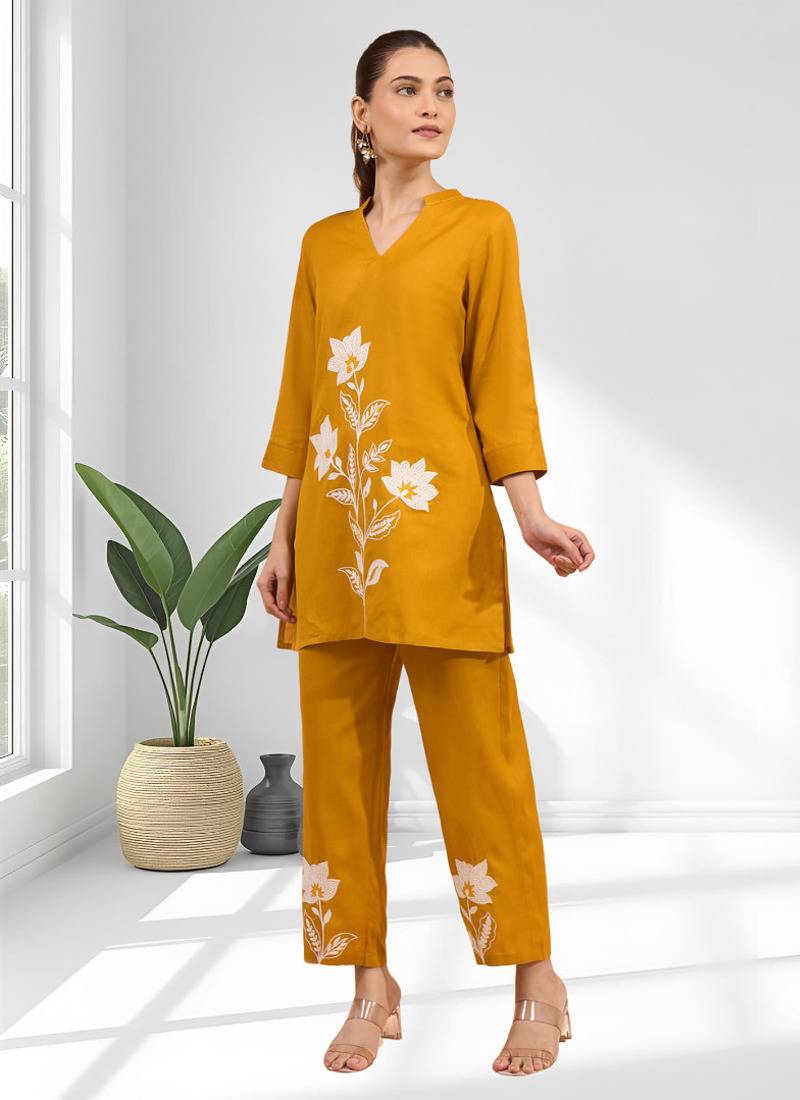 Women's cotton, linen mustard embroidered short kurta with pant