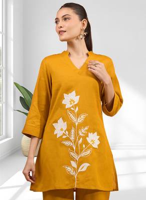 Women's cotton, linen mustard embroidered short kurta with pant 3