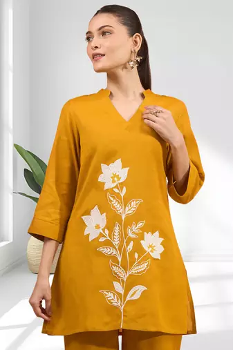 Women's cotton, linen mustard embroidered short kurta with pant