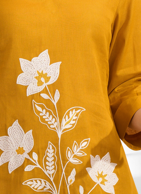 Women's cotton, linen mustard embroidered short kurta with pant 4