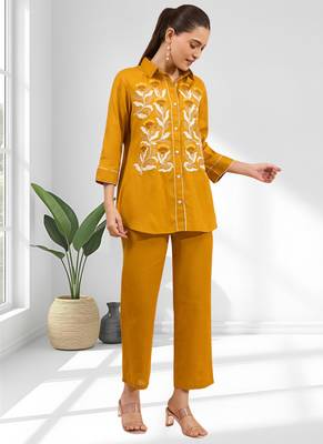 Women's cotton, linen mustard embroidered short kurta with pant 1