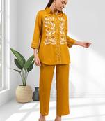 Women's cotton, linen mustard embroidered short kurta with pant