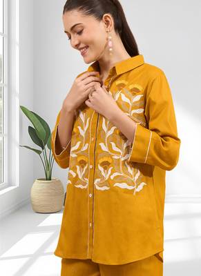 Women's cotton, linen mustard embroidered short kurta with pant 3