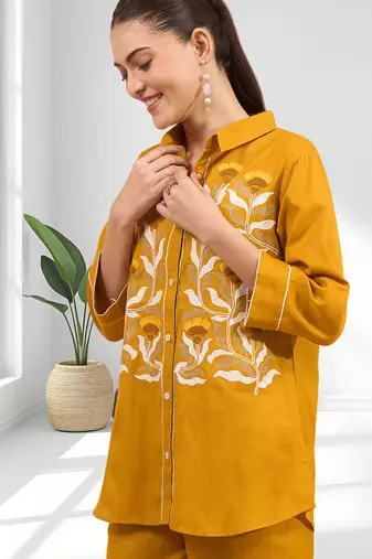 Women's cotton, linen mustard embroidered short kurta with pant