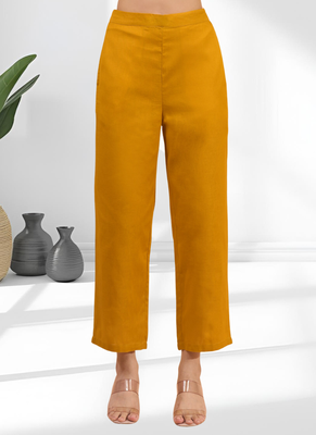 Women's cotton, linen mustard embroidered short kurta with pant 5