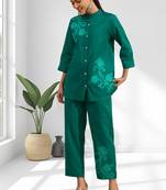 Women's cotton, linen green embroidered short kurta with pant