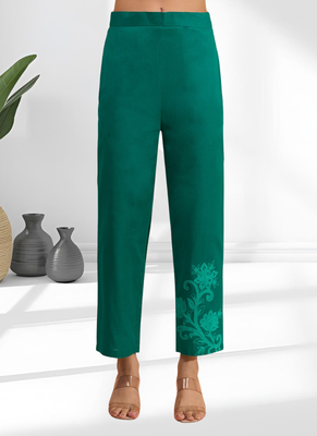 Women's cotton, linen green embroidered short kurta with pant 5