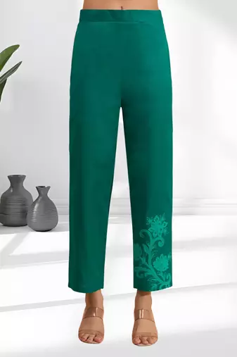 Women's cotton, linen green embroidered short kurta with pant