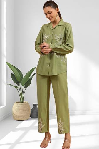 Women's silk green embroidered short kurta with pant