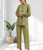 Women's silk green embroidered short kurta with pant