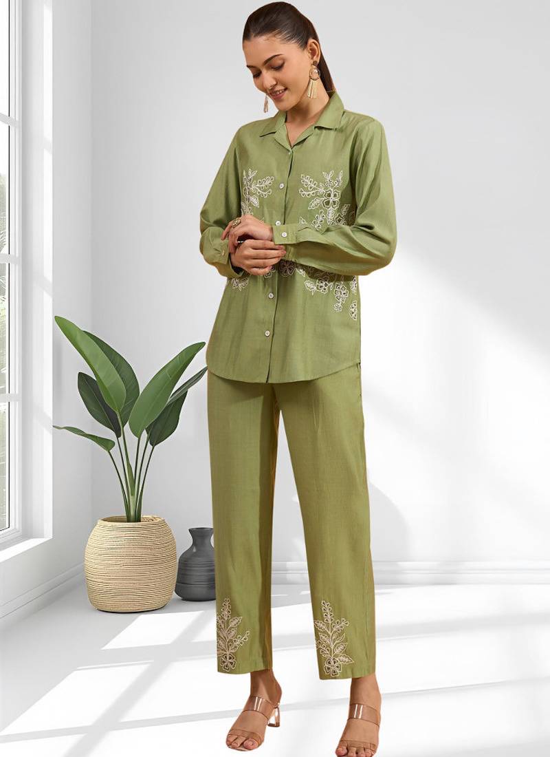 Women's silk green embroidered short kurta with pant