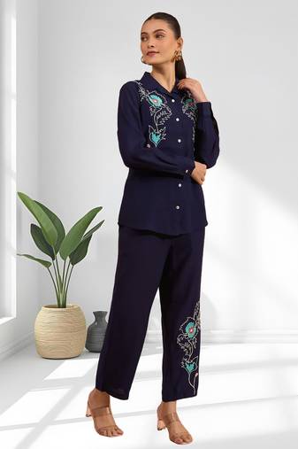 Women's silk navy embroidered short kurta with pant