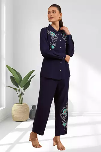 Women's silk blend navy embroidered short kurta with pant