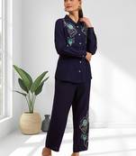 Women's silk navy embroidered short kurta with pant