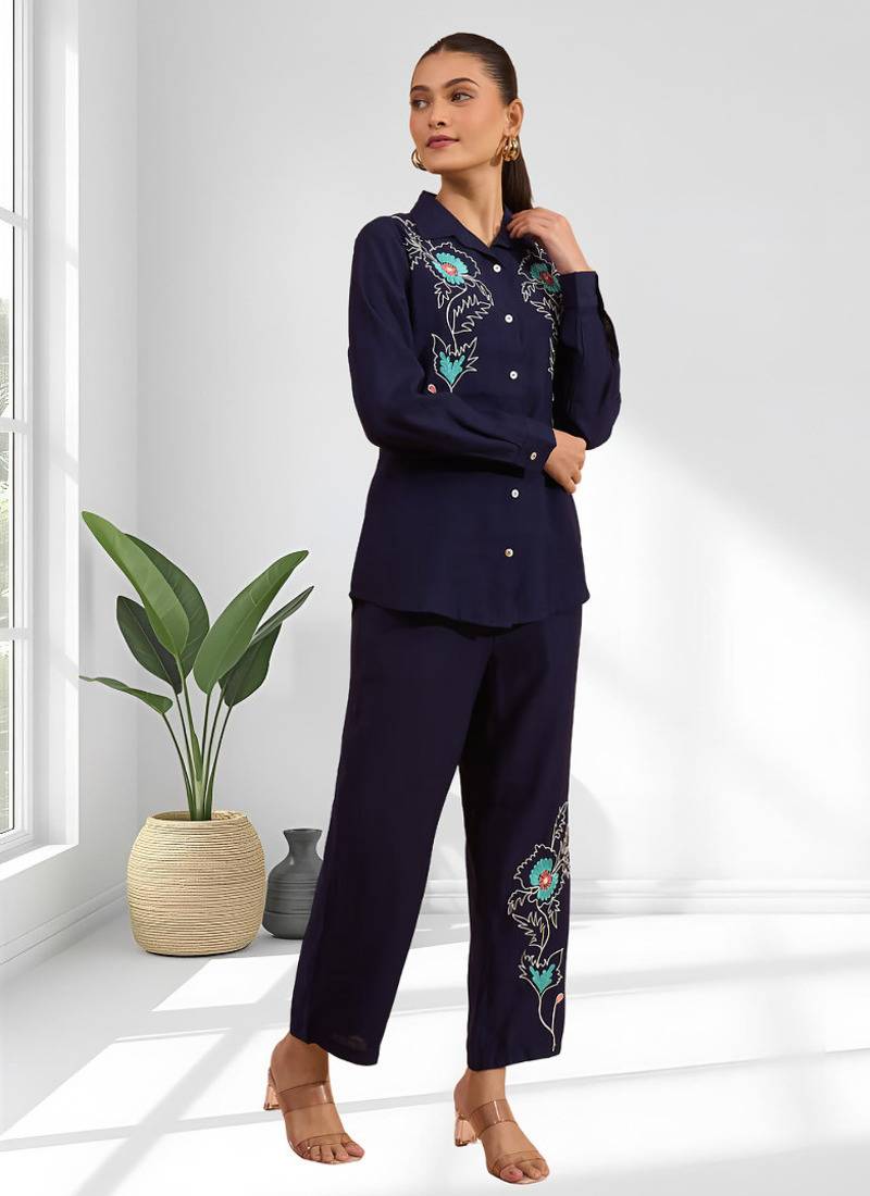 Women's silk navy embroidered short kurta with pant