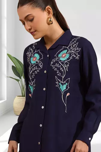 Women's silk blend navy embroidered short kurta with pant