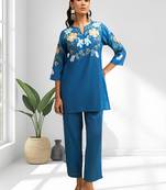 Women's silk teal embroidered short kurta with pant