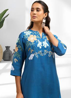 Women's silk blend teal embroidered short kurta with pant 4