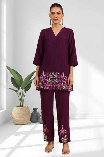 Women's silk wine embroidered short kurta with pant