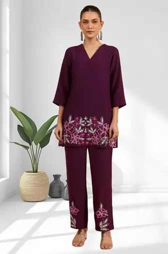 Women's silk wine embroidered short kurta with pant