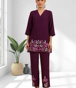Women's silk wine embroidered short kurta with pant