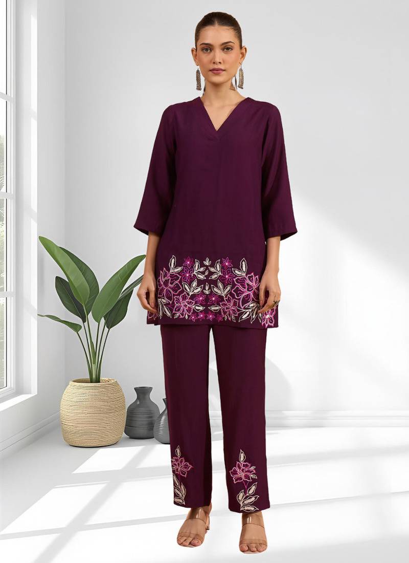 Women's silk wine embroidered short kurta with pant