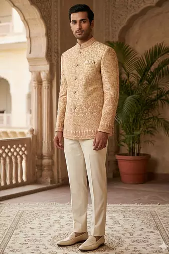 Rose gold codding embroidery jodhpuri for men | premium designer bandhgala ethnic wear