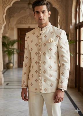 Beige color  butta embroidery jodhpuri for men | premium designer bandhgala ethnic wear 1