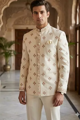 Beige color  butta embroidery jodhpuri for men | premium designer bandhgala ethnic wear