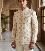 Beige color  butta embroidery jodhpuri for men | premium designer bandhgala ethnic wear