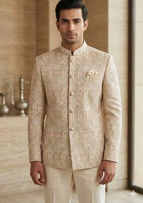 Beige color asthetic embroidered jodhpuri for men | premium designer bandhgala ethnic wear 1