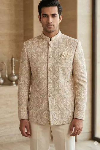Beige color asthetic embroidered jodhpuri for men | premium designer bandhgala ethnic wear