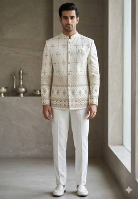 Aesthetic white color daman embroidery jodhpuri for men | premium designer bandhgala ethnic wear 1
