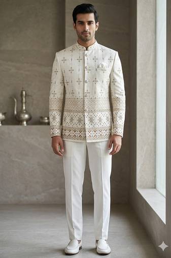 Aesthetic white color daman embroidery jodhpuri for men | premium designer bandhgala ethnic wear