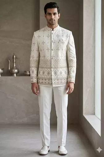 Aesthetic white color daman embroidery jodhpuri for men | premium designer bandhgala ethnic wear