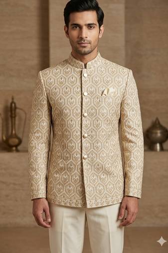Golden color traditional embroidered jodhpuri for men | premium designer bandhgala ethnic wear