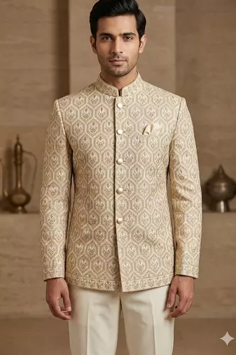 Golden color traditional embroidered jodhpuri for men | premium designer bandhgala ethnic wear