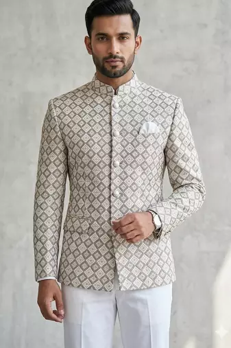 Grayish white embroidery jodhpuri for men | premium designer bandhgala ethnic wear
