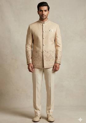 Golden color traditional daman embroidery jodhpuri for men | premium designer bandhgala ethnic wear 1
