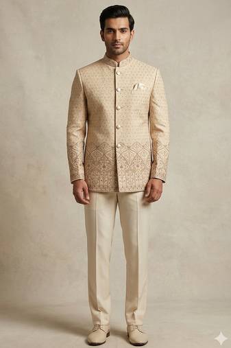 Golden color traditional daman embroidery jodhpuri for men | premium designer bandhgala ethnic wear