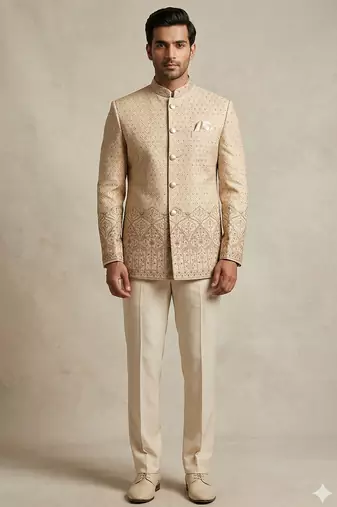 Golden color traditional daman embroidery jodhpuri for men | premium designer bandhgala ethnic wear