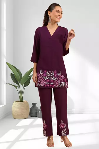 Women's silk wine embroidered short kurta with pant