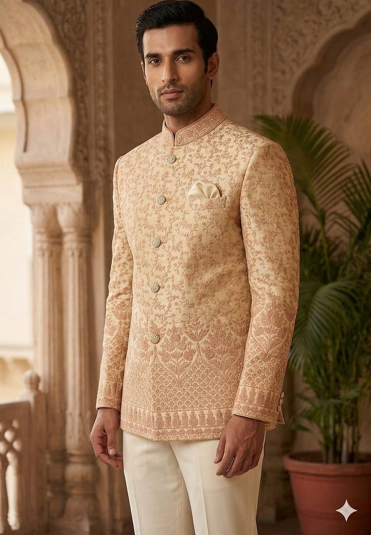 Rose gold codding embroidery jodhpuri for men | premium designer bandhgala ethnic wear