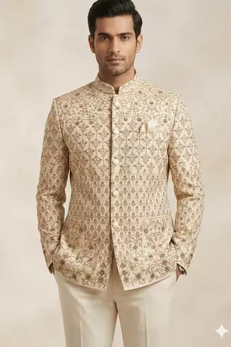 Golden color traditional embroidery jodhpuri for men | premium designer bandhgala ethnic wear