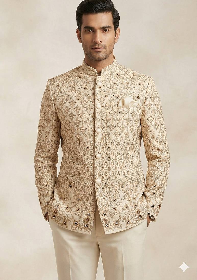 Golden color traditional embroidery jodhpuri for men | premium designer bandhgala ethnic wear