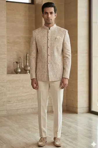 Beige color asthetic embroidered jodhpuri for men | premium designer bandhgala ethnic wear