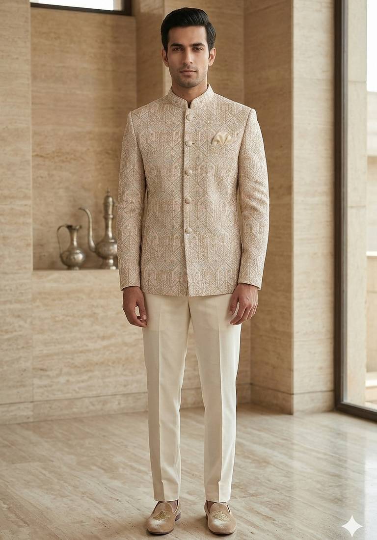 Beige color asthetic embroidered jodhpuri for men | premium designer bandhgala ethnic wear