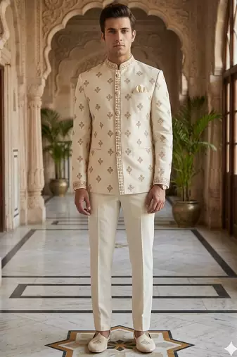Beige color  butta embroidery jodhpuri for men | premium designer bandhgala ethnic wear