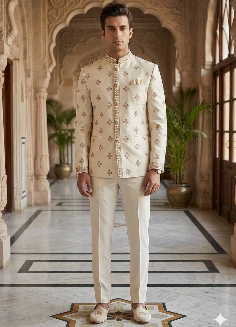 Beige color  butta embroidery jodhpuri for men | premium designer bandhgala ethnic wear